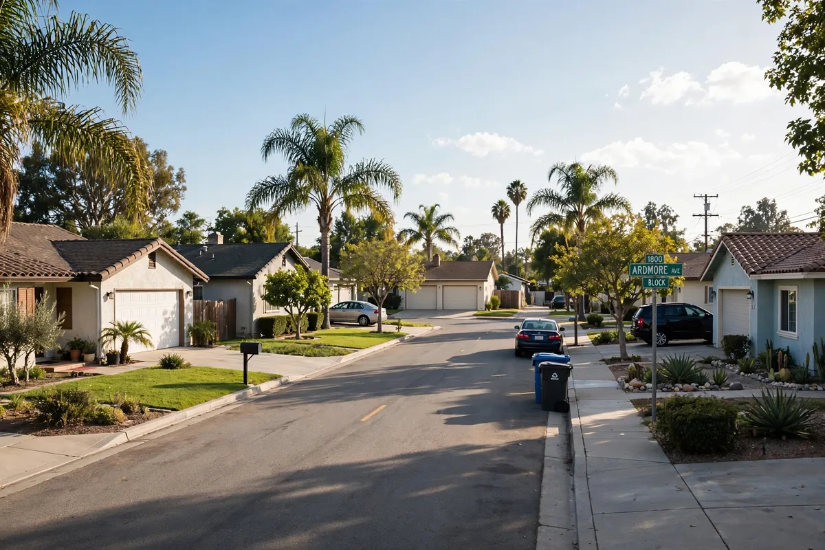 Single-family homes lining a quiet Bellflower residential street