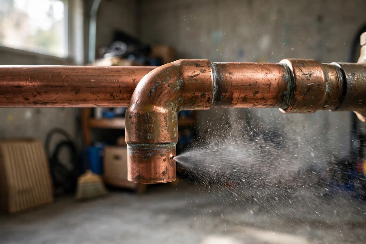 Close-up of a corroded copper pipe with water spraying from a pinhole leak