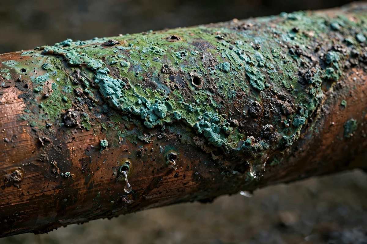 Close-up of a copper pipe with green corrosion crust and pinhole perforations