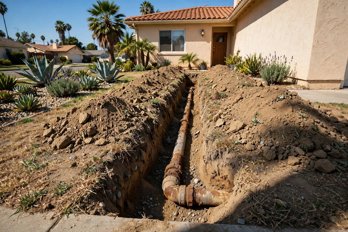 Excavated trench in a front yard exposing a broken main water line