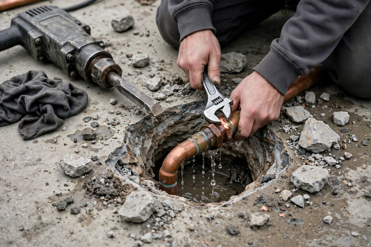 Opened concrete slab exposing a water pipe during a slab leak spot repair