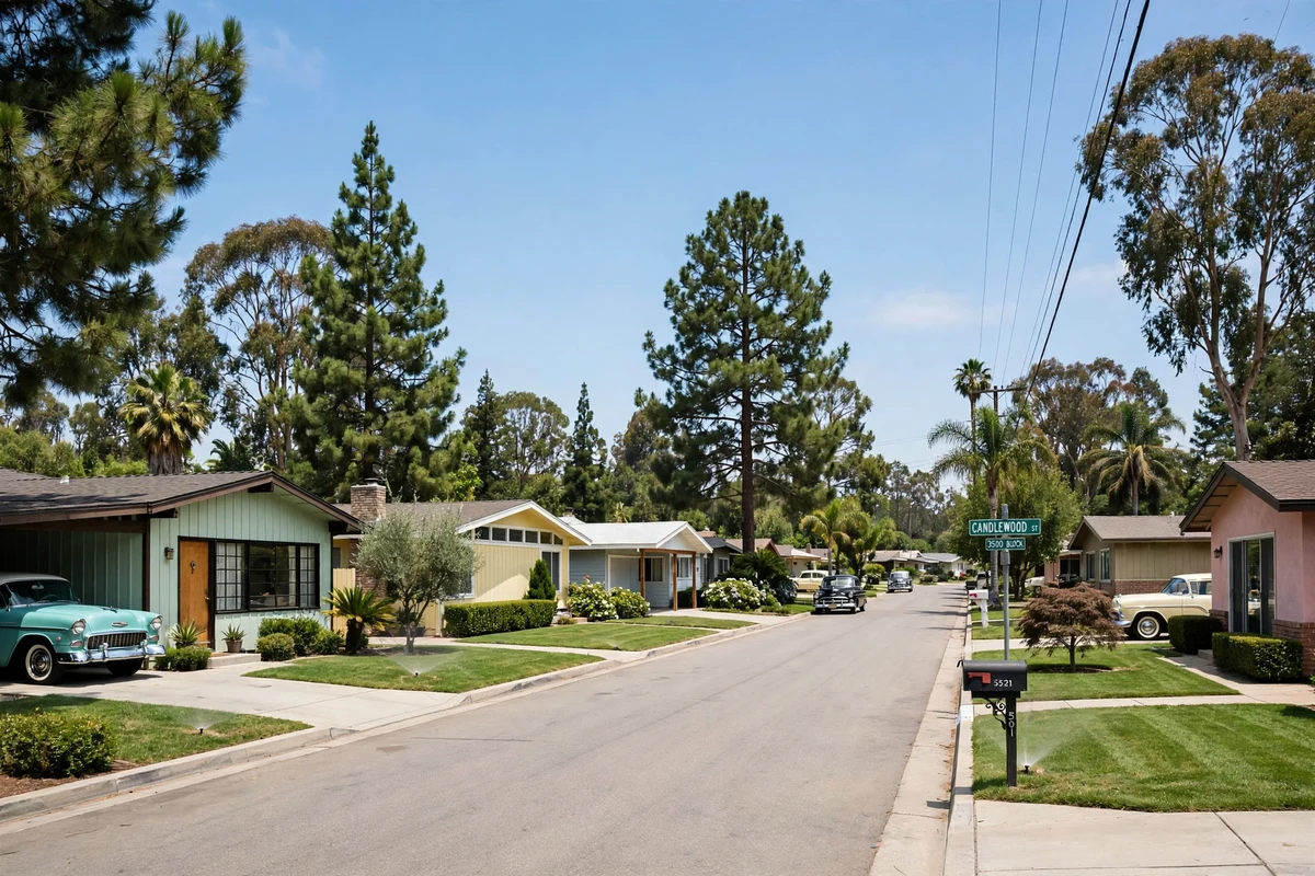 A street of mid-century ranch homes with mature trees in Lakewood, California