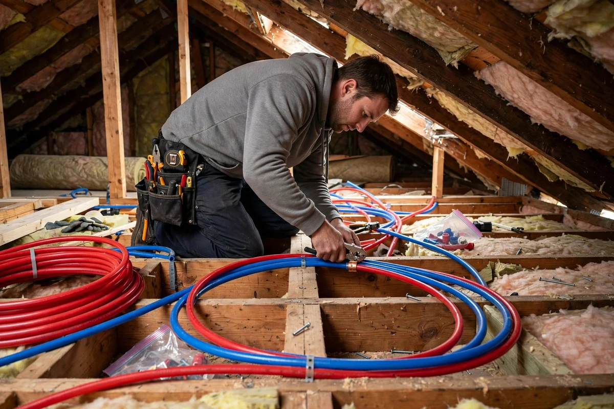 New red and blue PEX pipes installed across a home attic