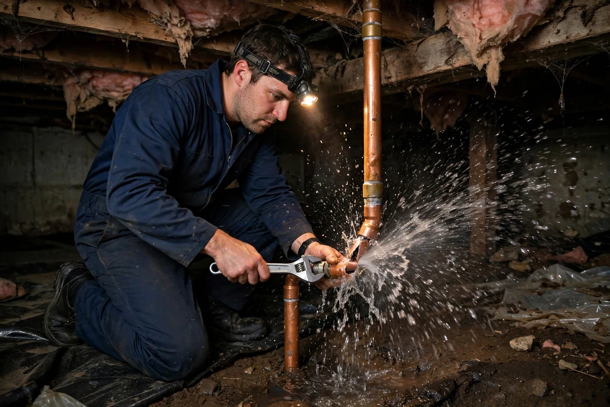 Plumber repairing a burst copper pipe spraying water inside a dark crawlspace