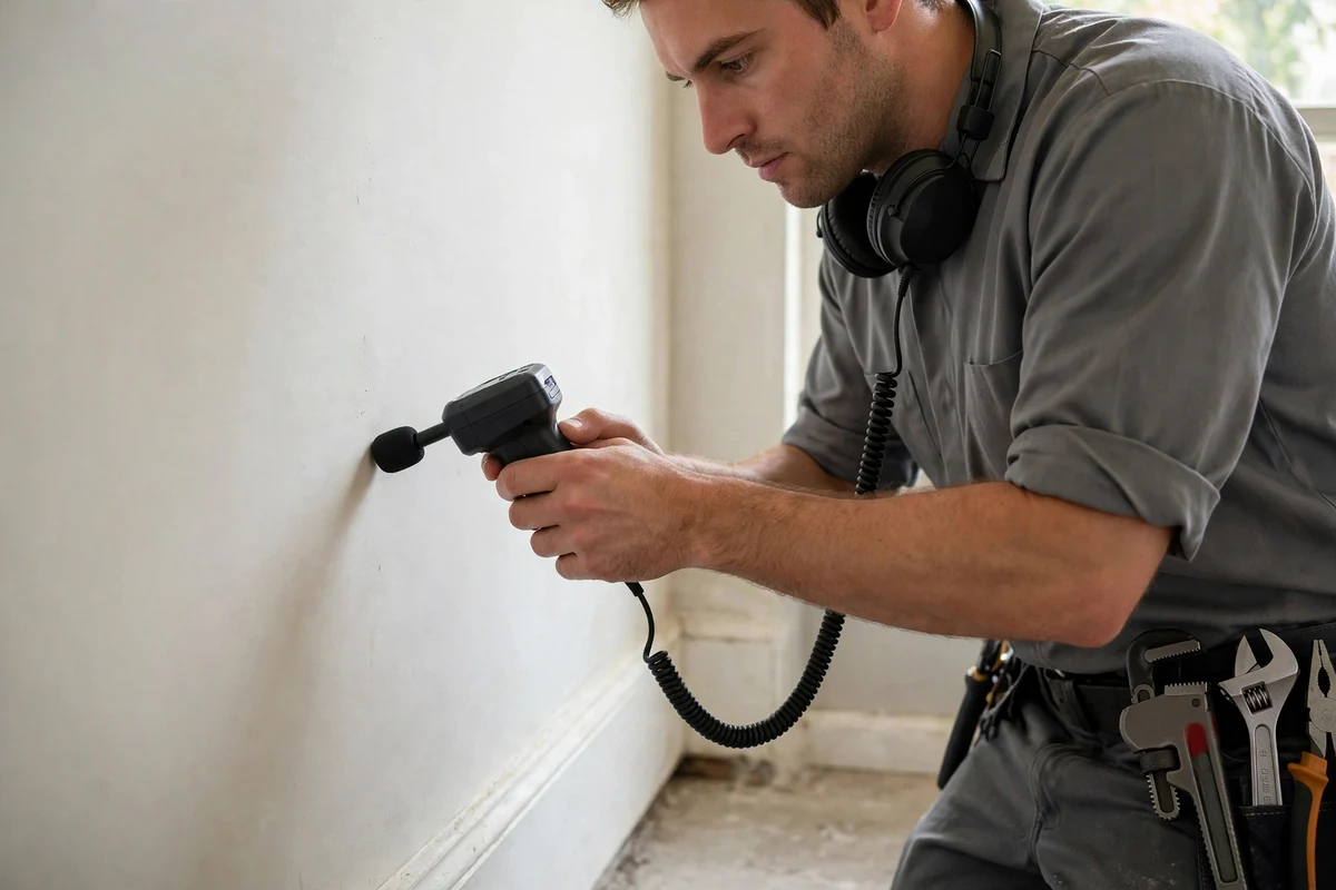 Technician holding an acoustic leak detector against a wall where a leak is suspected