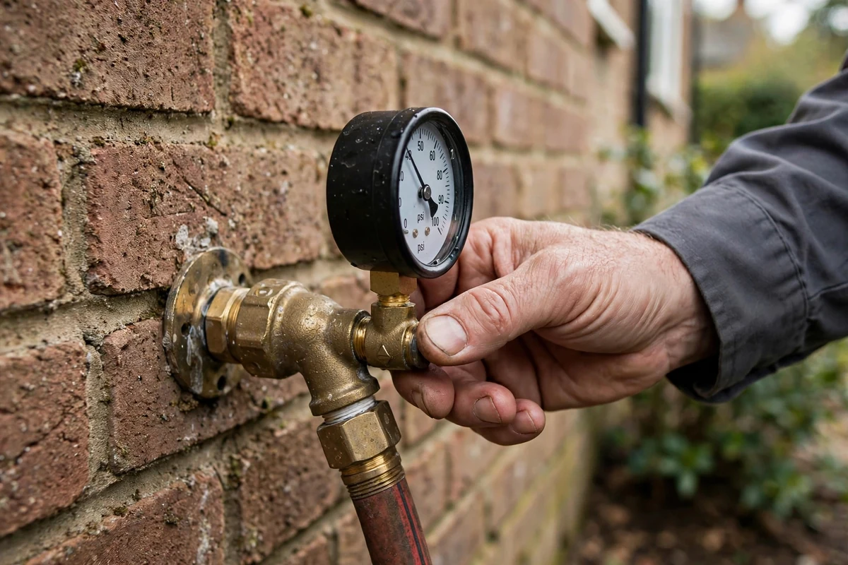 Water pressure gauge threaded onto an outdoor hose bib showing the reading